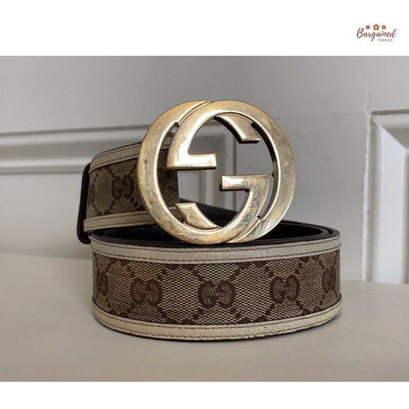 Authentic Gucci Cream Monogram Canvas Leather Interlocking G Buckle Belt 80/32 - Picture 12 of 13
